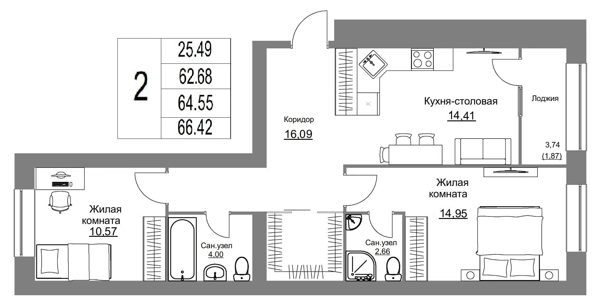 Планировка: 2-комн. квартира 66.42 м² в новостройке Острова