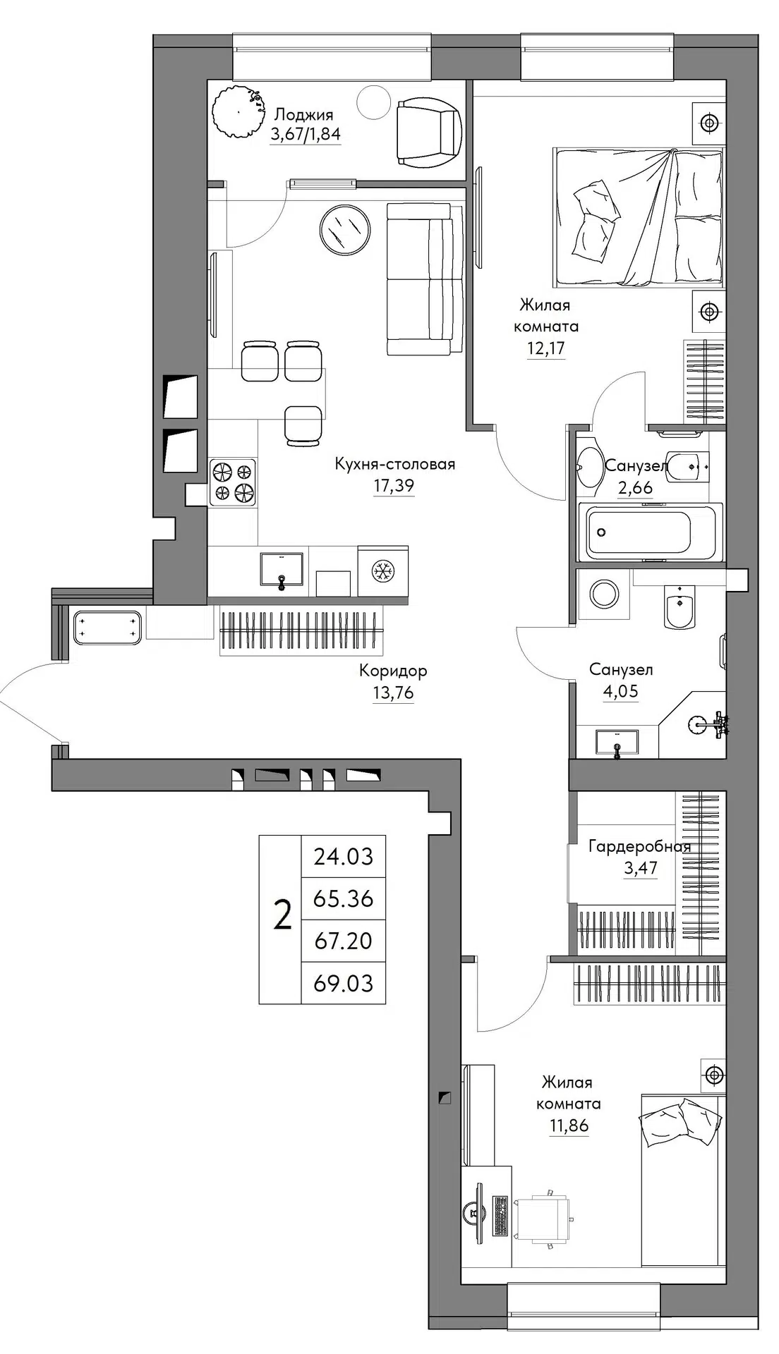 Планировка: 2-комн. квартира 69.03 м² в новостройке Острова