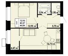 Планировка: 1-комн. квартира 42.61 м² в новостройке Белые Росы