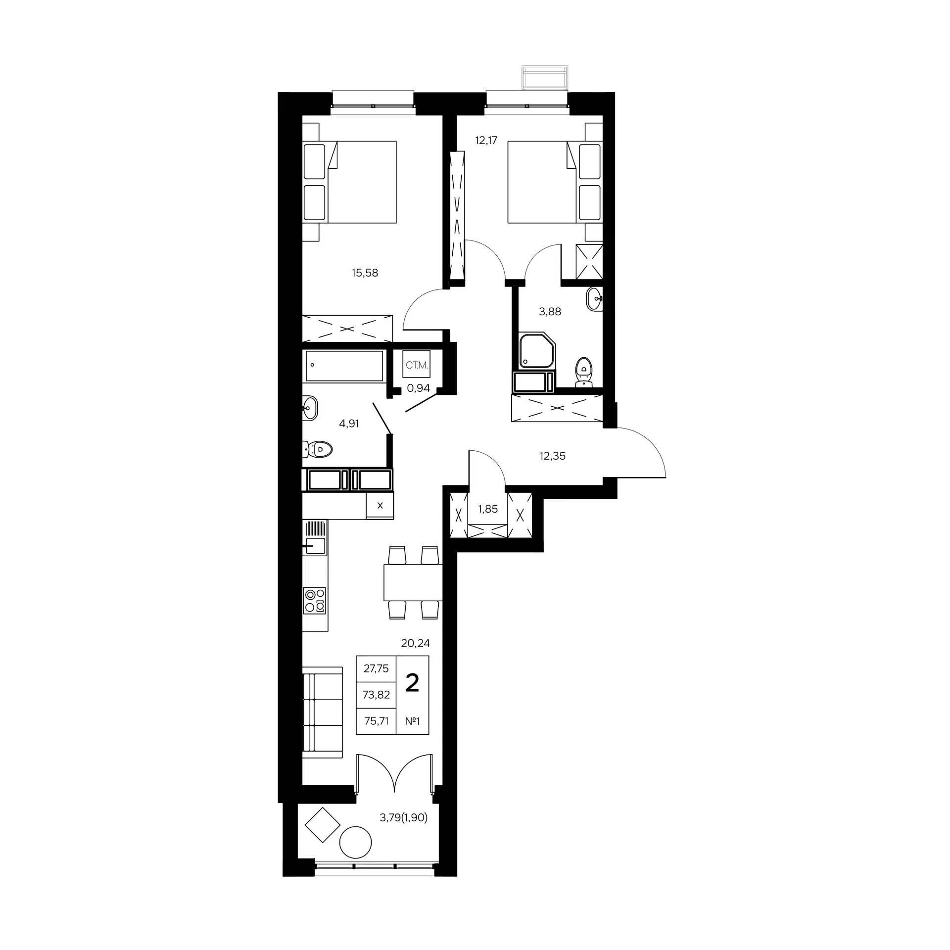 Планировка: 2-комн. квартира 75.71 м² в новостройке Славский