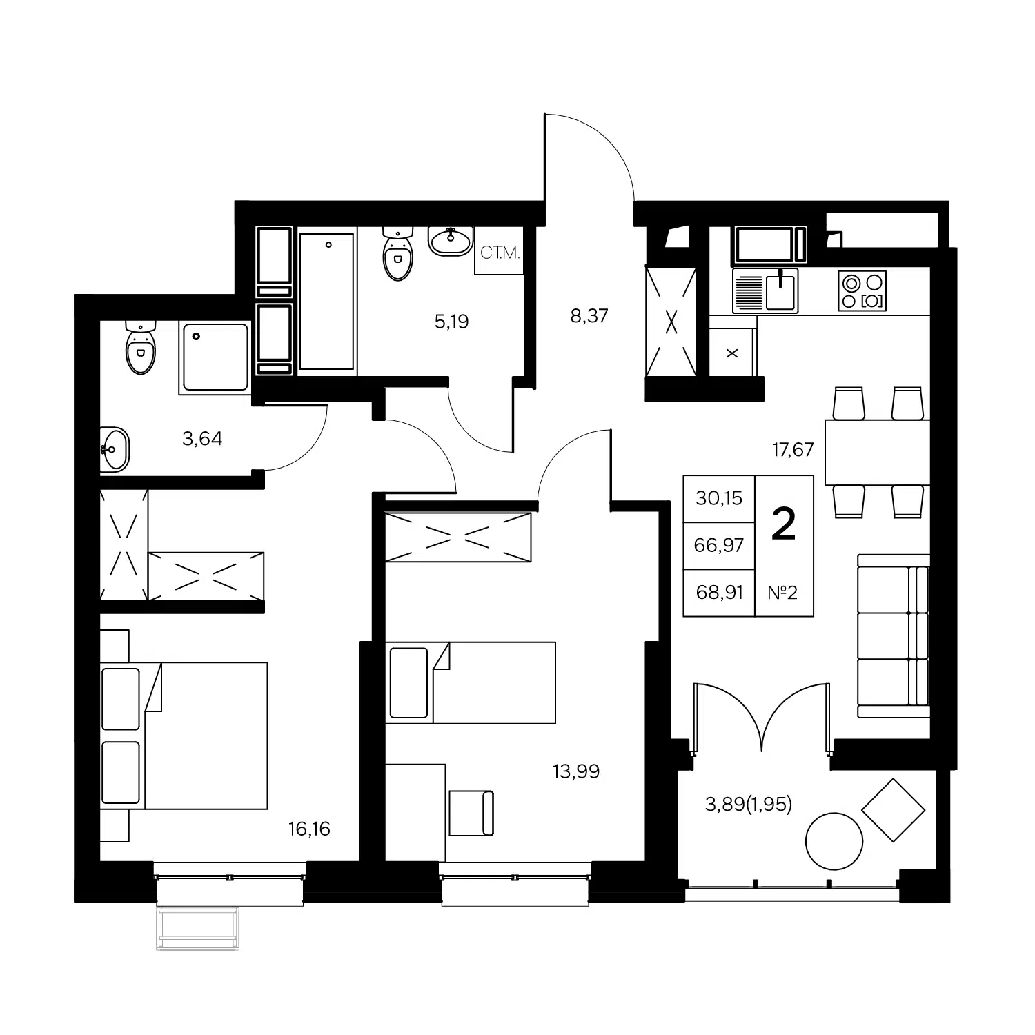 Планировка: 2-комн. квартира 68.91 м² в новостройке Славский