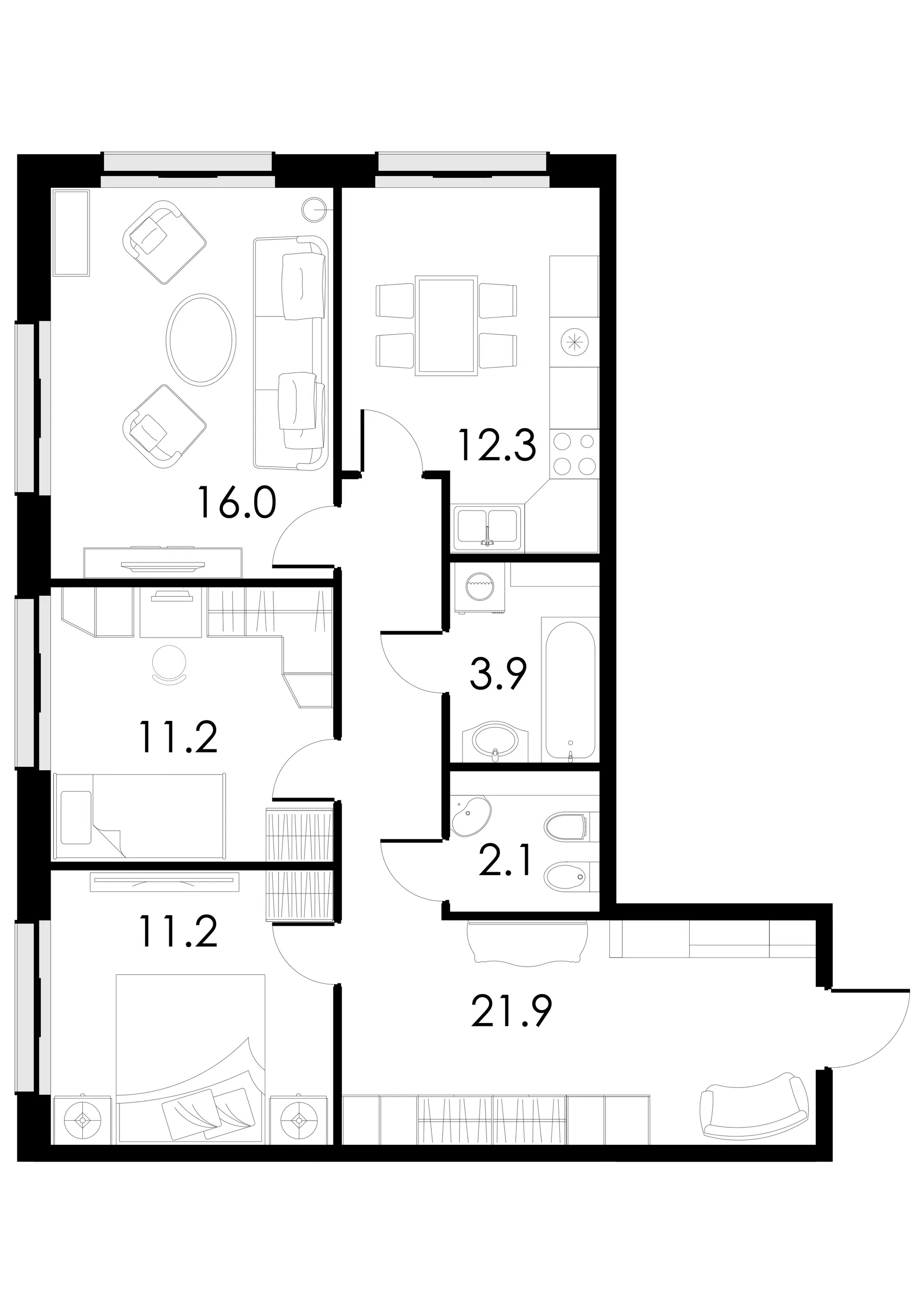 Планировка: 3-комн. квартира 78.60 м² в новостройке Петровский Авеню