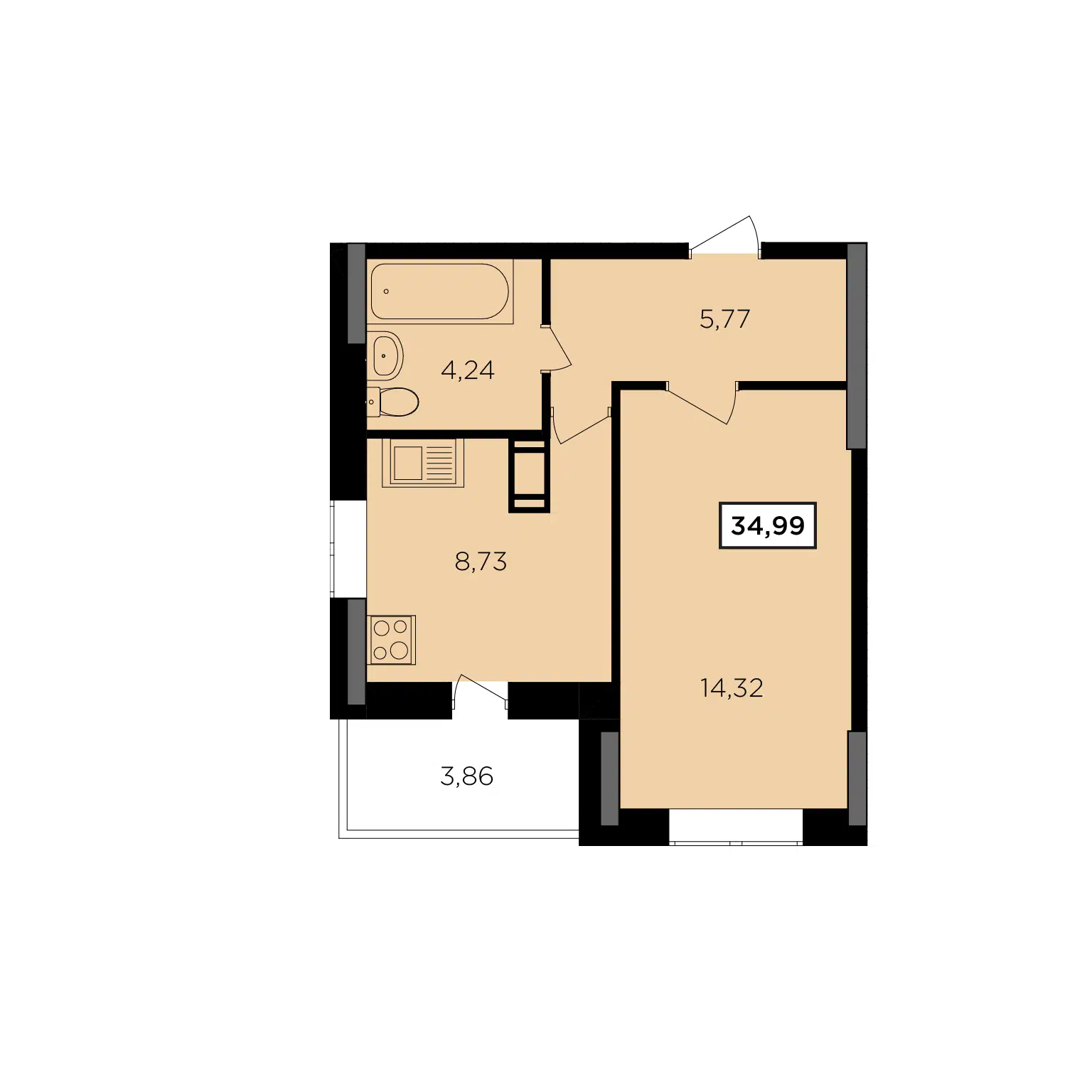 Планировка: 1-комн. квартира 34.99 м² в новостройке Старый город