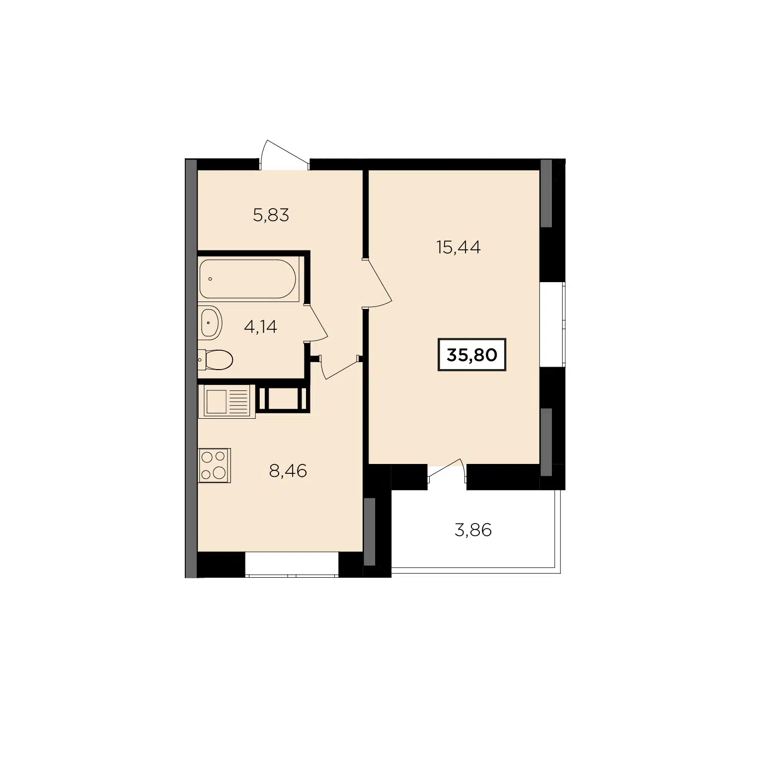 Планировка: 1-комн. квартира 35.80 м² в новостройке Старый город