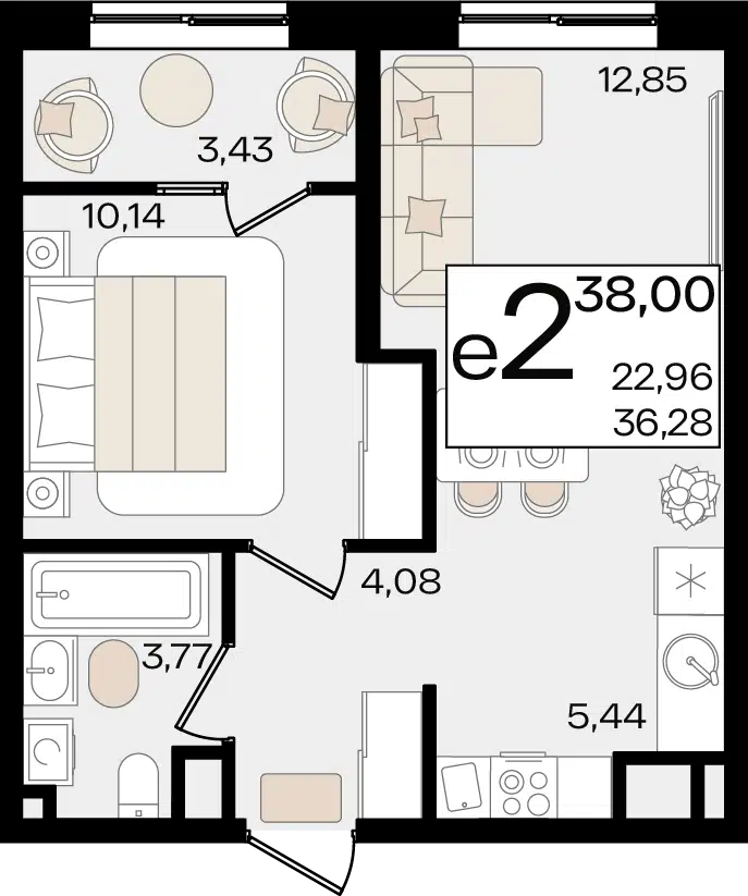 Планировка: 2-комн. квартира 38.00 м² в новостройке Патрики