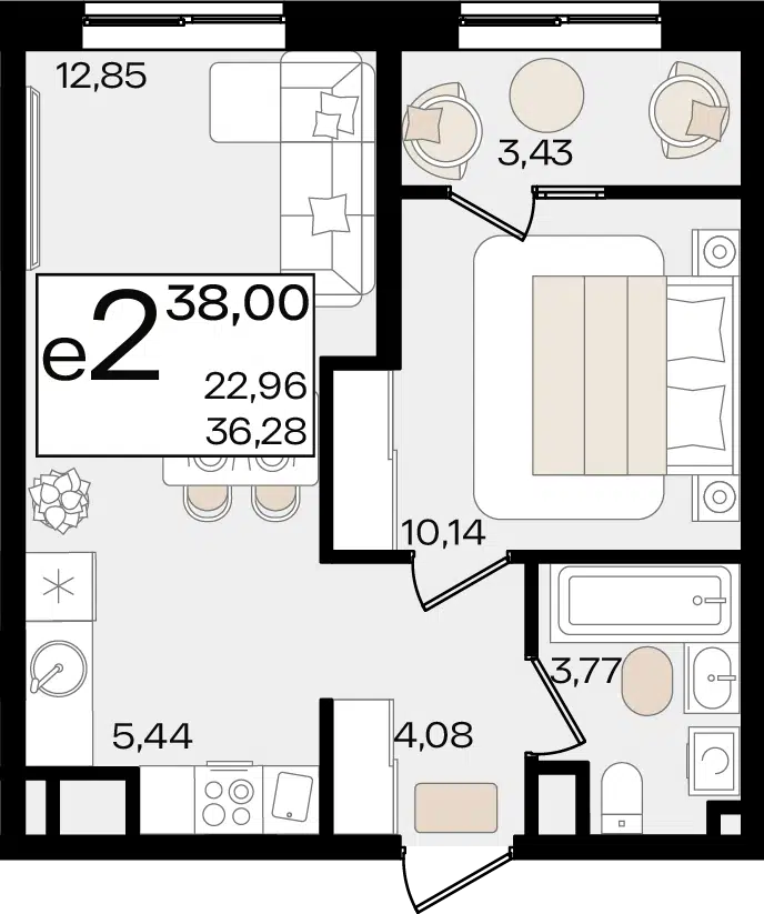 Планировка: 2-комн. квартира 38.00 м² в новостройке Патрики