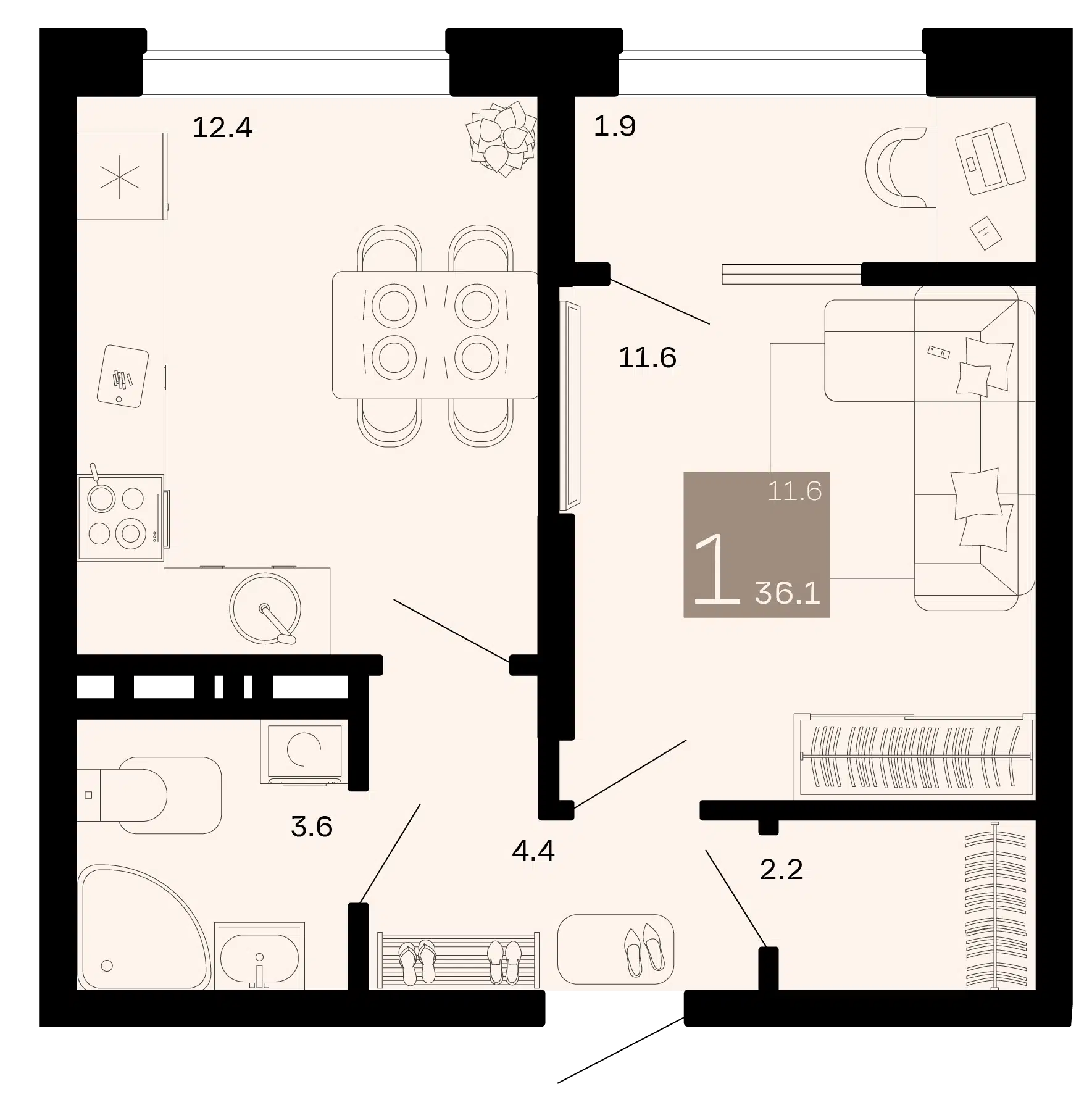 Планировка: 1-комн. квартира 34.20 м² в новостройке ЖК Хозяин морей