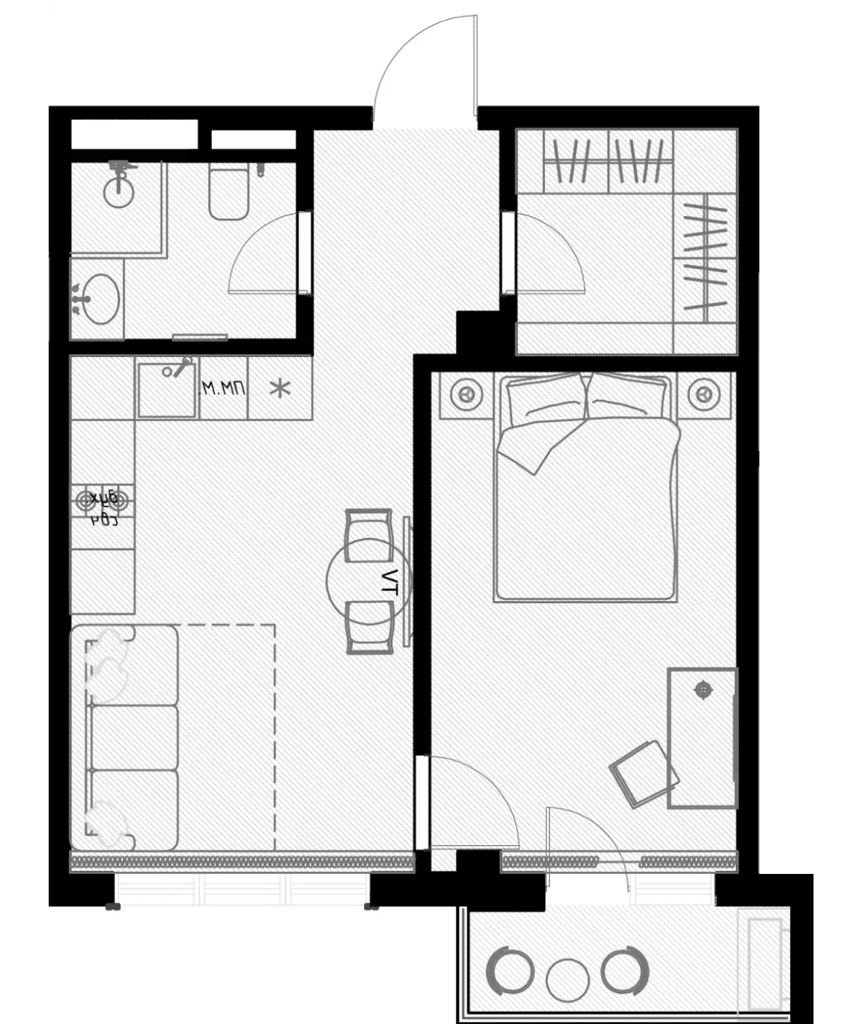 Планировка: 1-комн. квартира 44.60 м² в новостройке Оливия