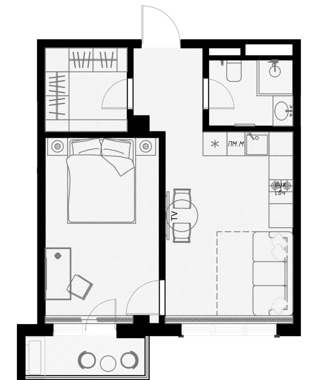 Планировка: 1-комн. квартира 44.70 м² в новостройке Оливия
