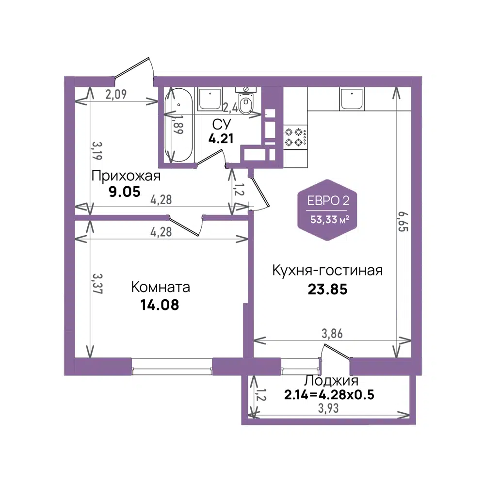 Планировка: 1-комн. квартира 53.33 м² в новостройке ЖК Левада