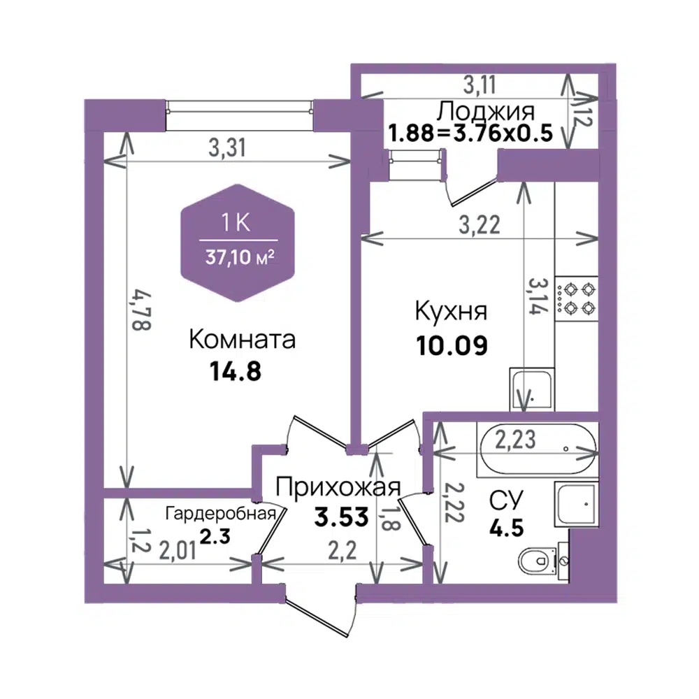 Планировка: 1-комн. квартира 37.10 м² в новостройке ЖК Левада