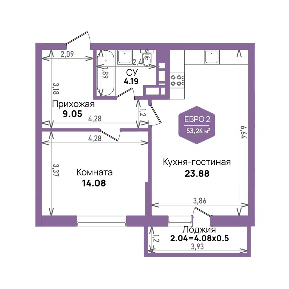 Планировка: 1-комн. квартира 53.24 м² в новостройке ЖК Левада