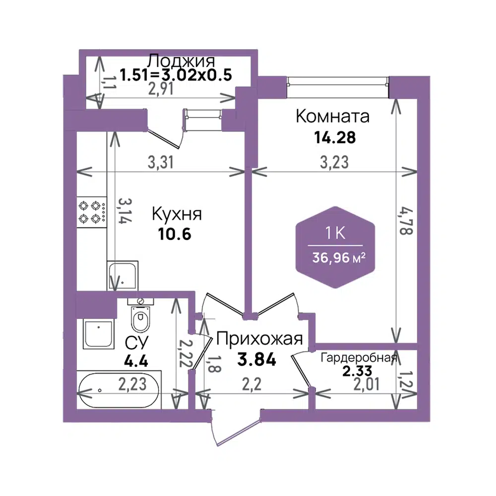 Планировка: 1-комн. квартира 36.96 м² в новостройке ЖК Левада