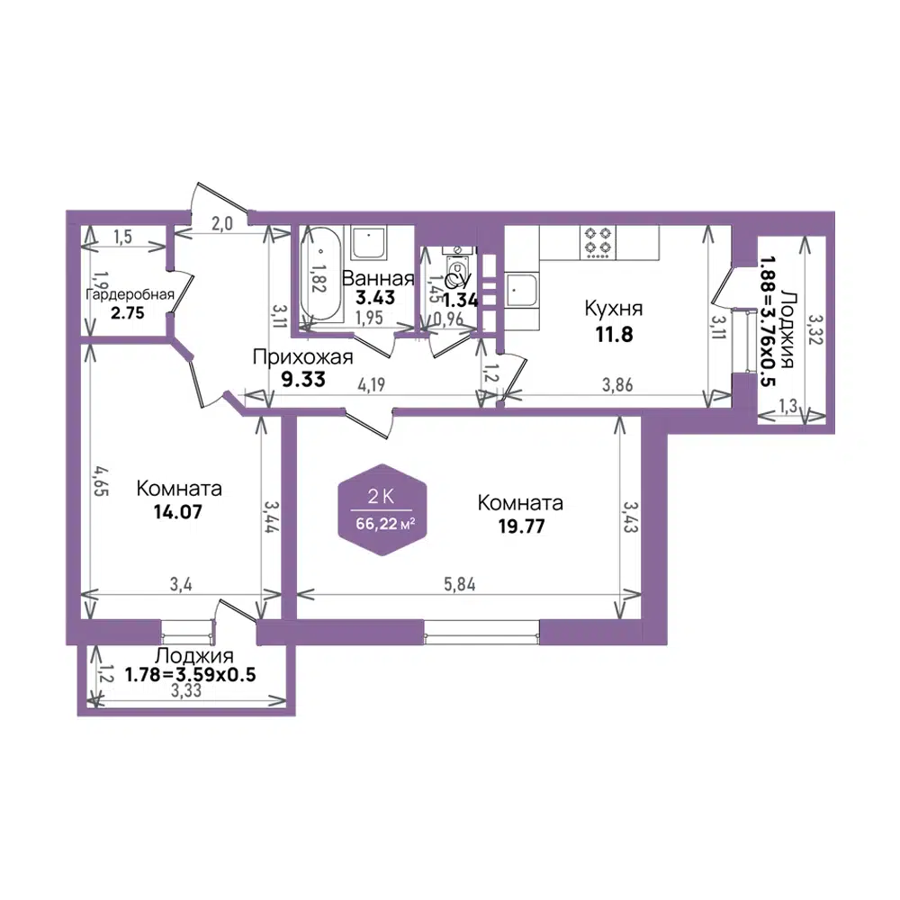 Планировка: 2-комн. квартира 66.22 м² в новостройке Левада