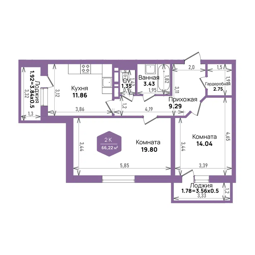 Планировка: 2-комн. квартира 66.22 м² в новостройке Левада