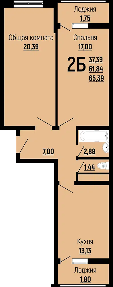 Планировка: 2-комн. квартира 65.39 м² в новостройке ЖК Славянка