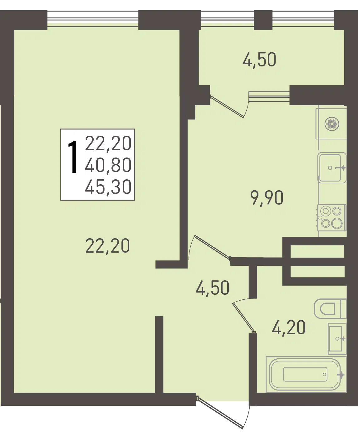 Планировка: 1-комн. квартира 45.30 м² в новостройке ЖК Югге