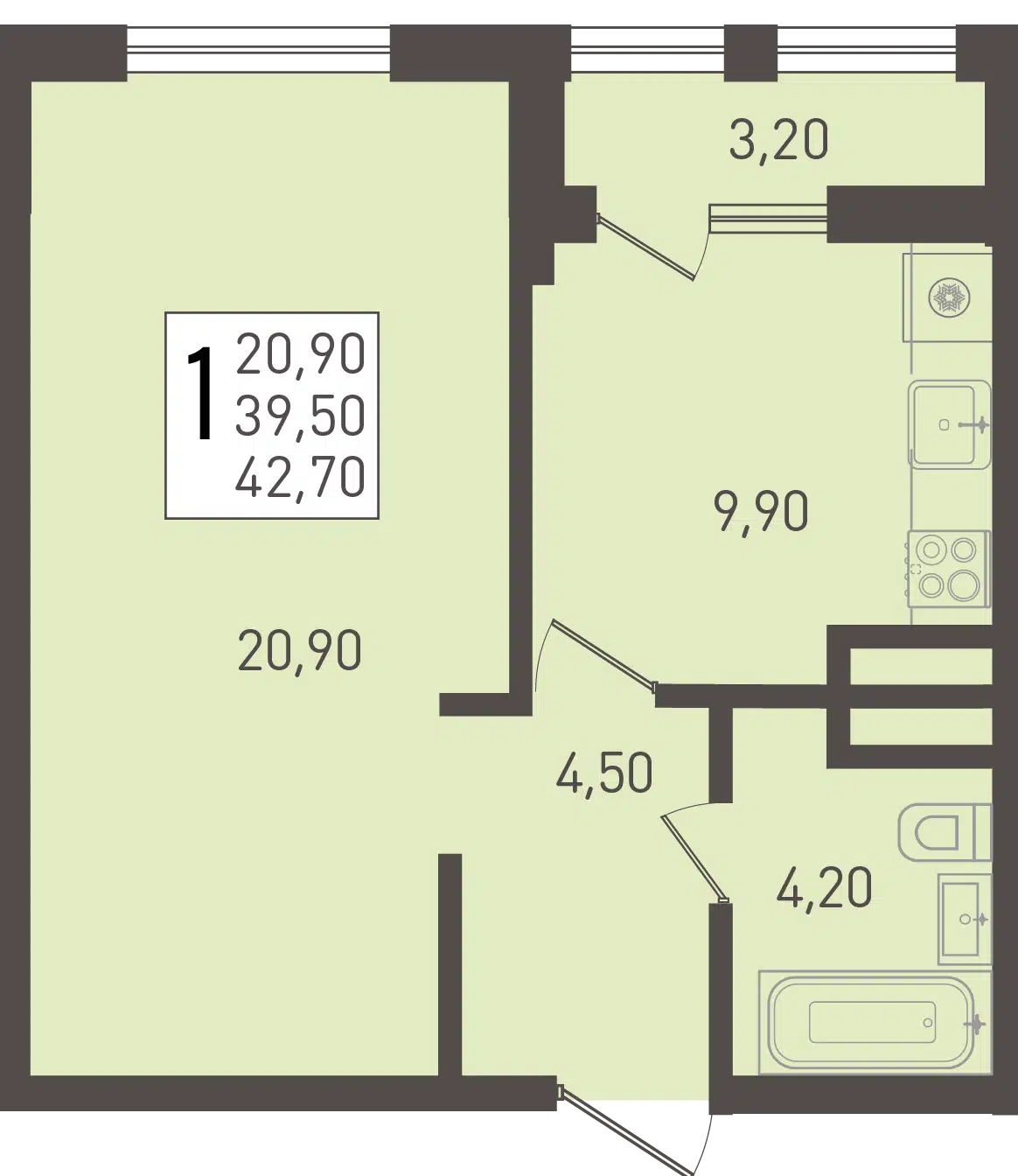 Планировка: 1-комн. квартира 42.70 м² в новостройке ЖК Югге