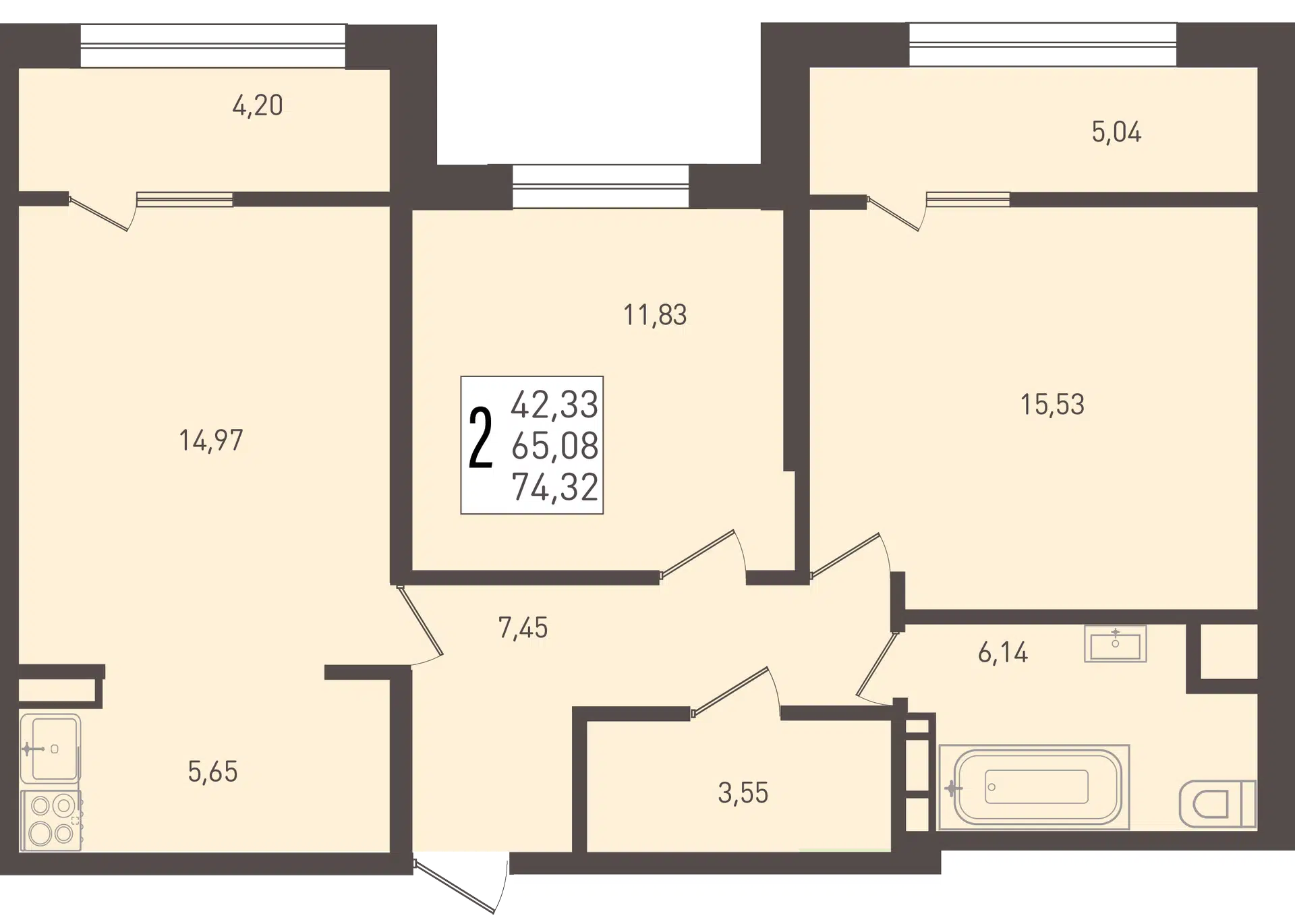 Планировка: 2-комн. квартира 74.32 м² в новостройке ЖК Югге
