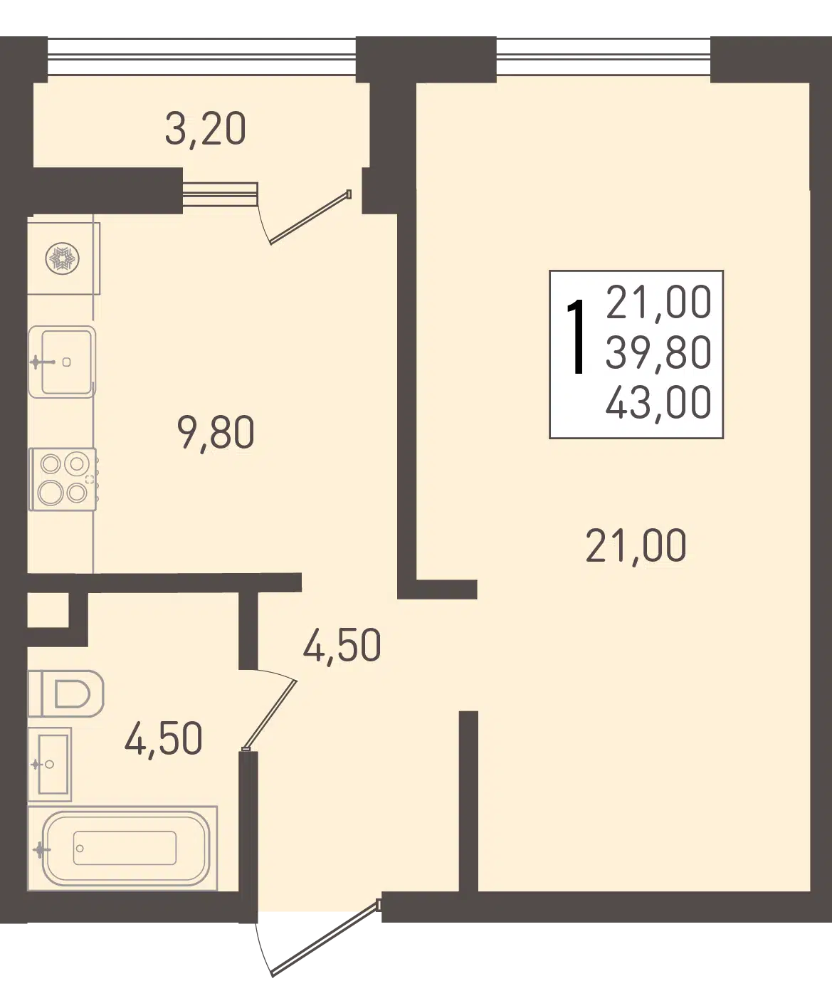 Планировка: 1-комн. квартира 43.00 м² в новостройке ЖК Югге