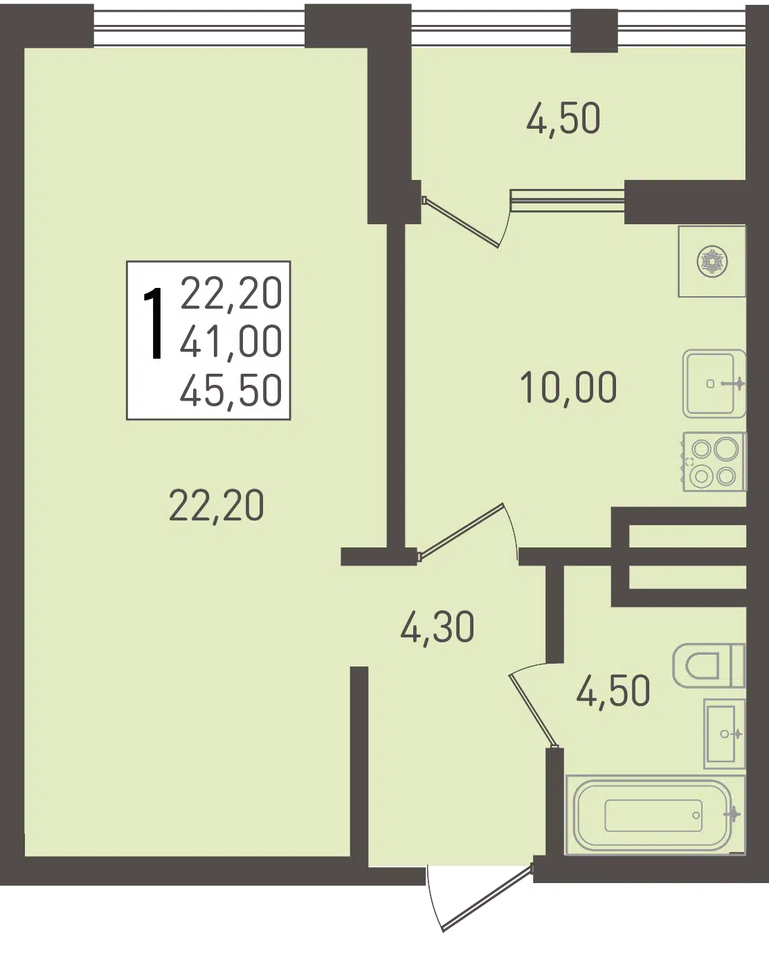 Планировка: 1-комн. квартира 45.50 м² в новостройке ЖК Югге