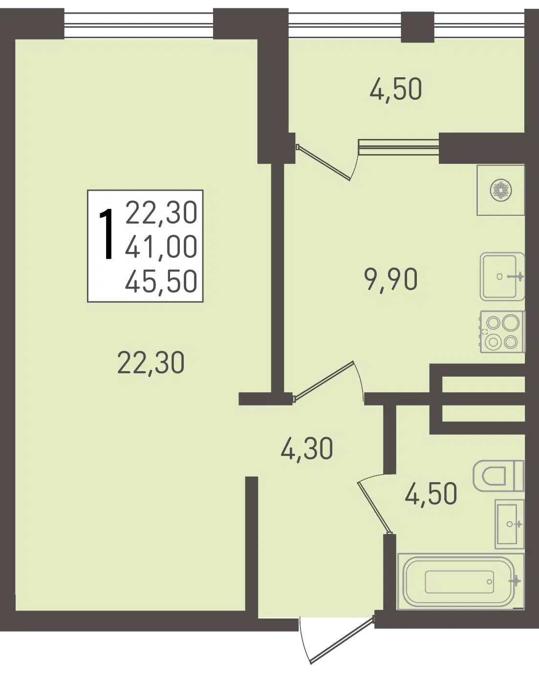 Планировка: 1-комн. квартира 45.50 м² в новостройке ЖК Югге