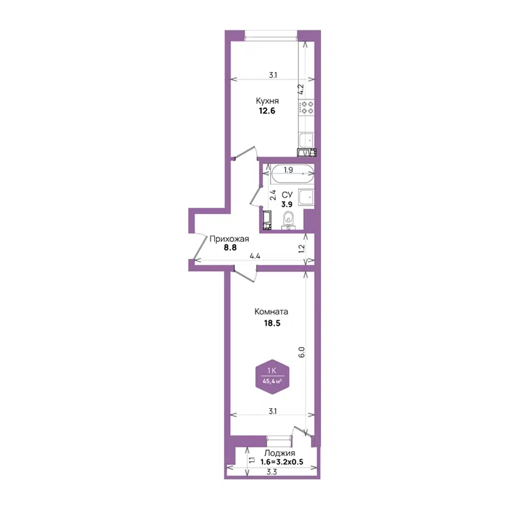 Планировка: 1-комн. квартира 45.40 м² в новостройке Бауинвест