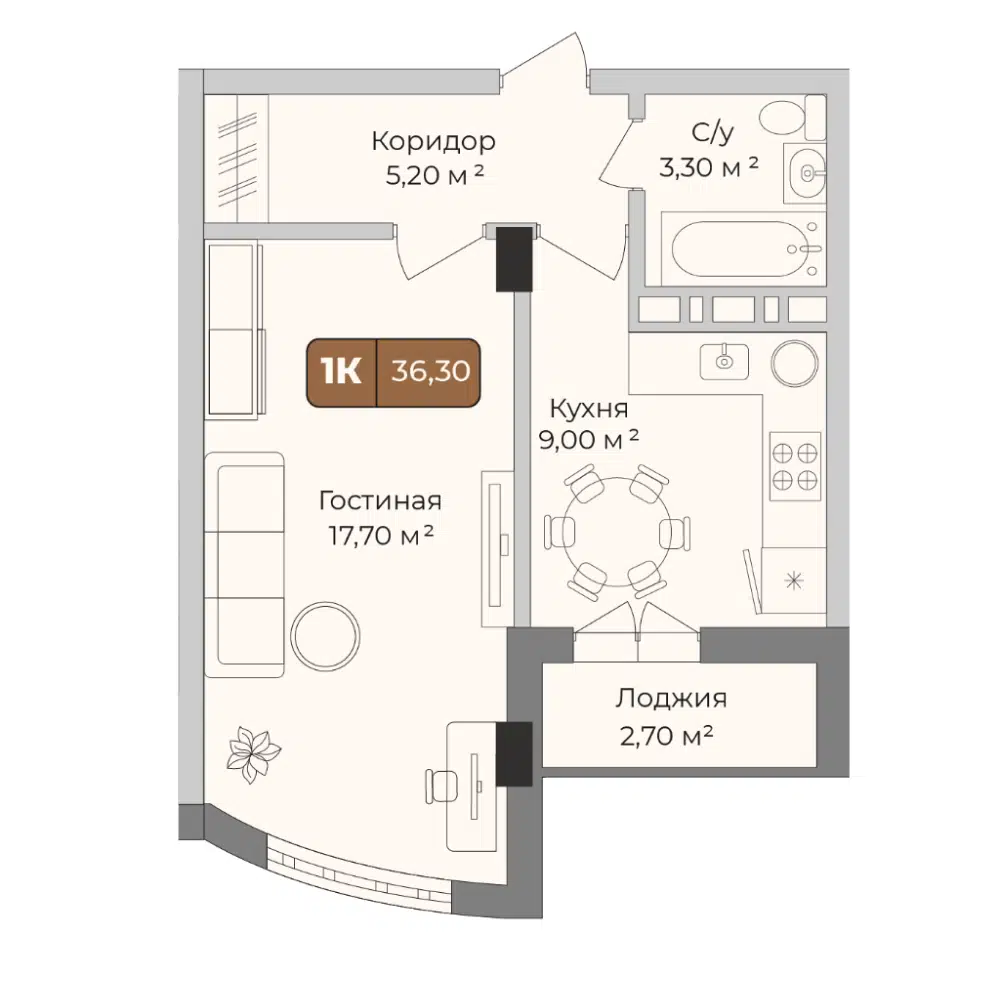 Планировка: 1-комн. квартира 36.30 м² в новостройке ЖК Опера
