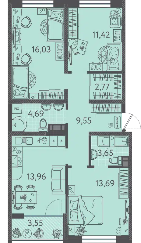 Планировка: 3-комн. квартира 77.10 м² в новостройке ЖК Друзья