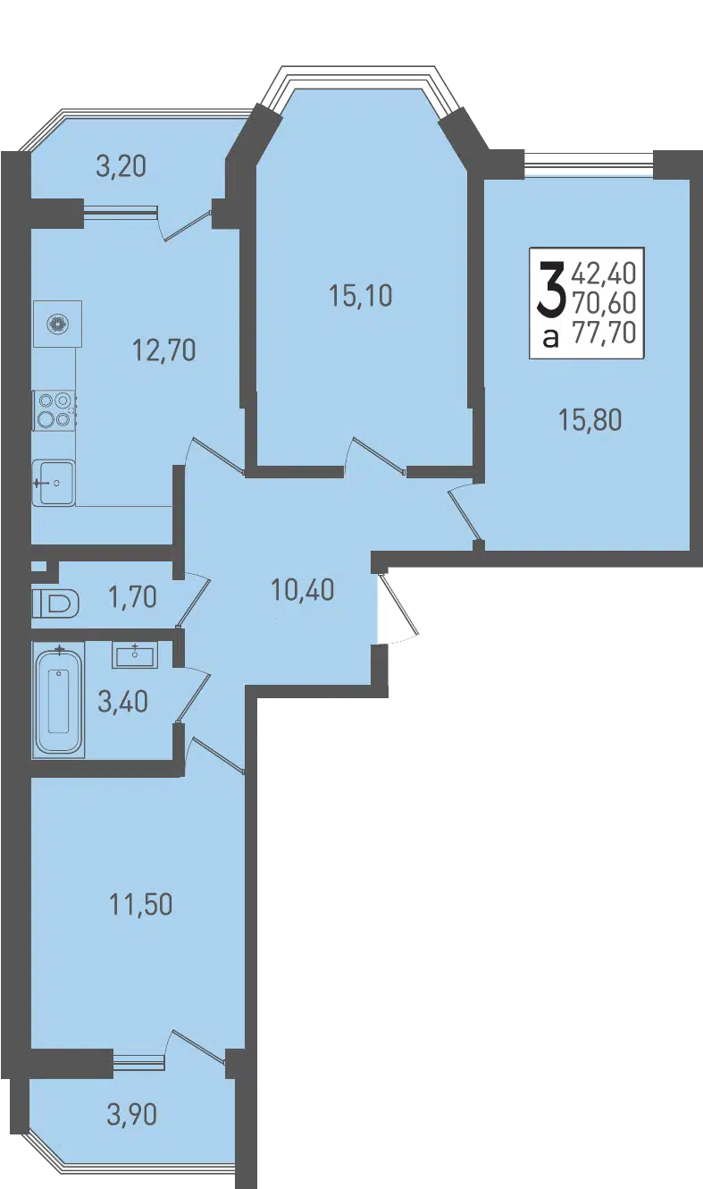 Планировка: 3-комн. квартира 77.70 м² в новостройке Огурцы