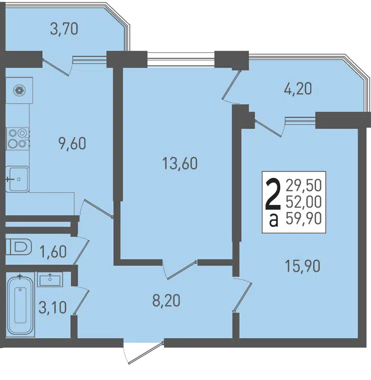 Планировка: 2-комн. квартира 59.90 м² в новостройке Огурцы