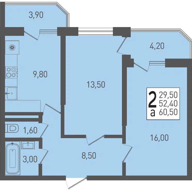Планировка: 2-комн. квартира 60.50 м² в новостройке Огурцы