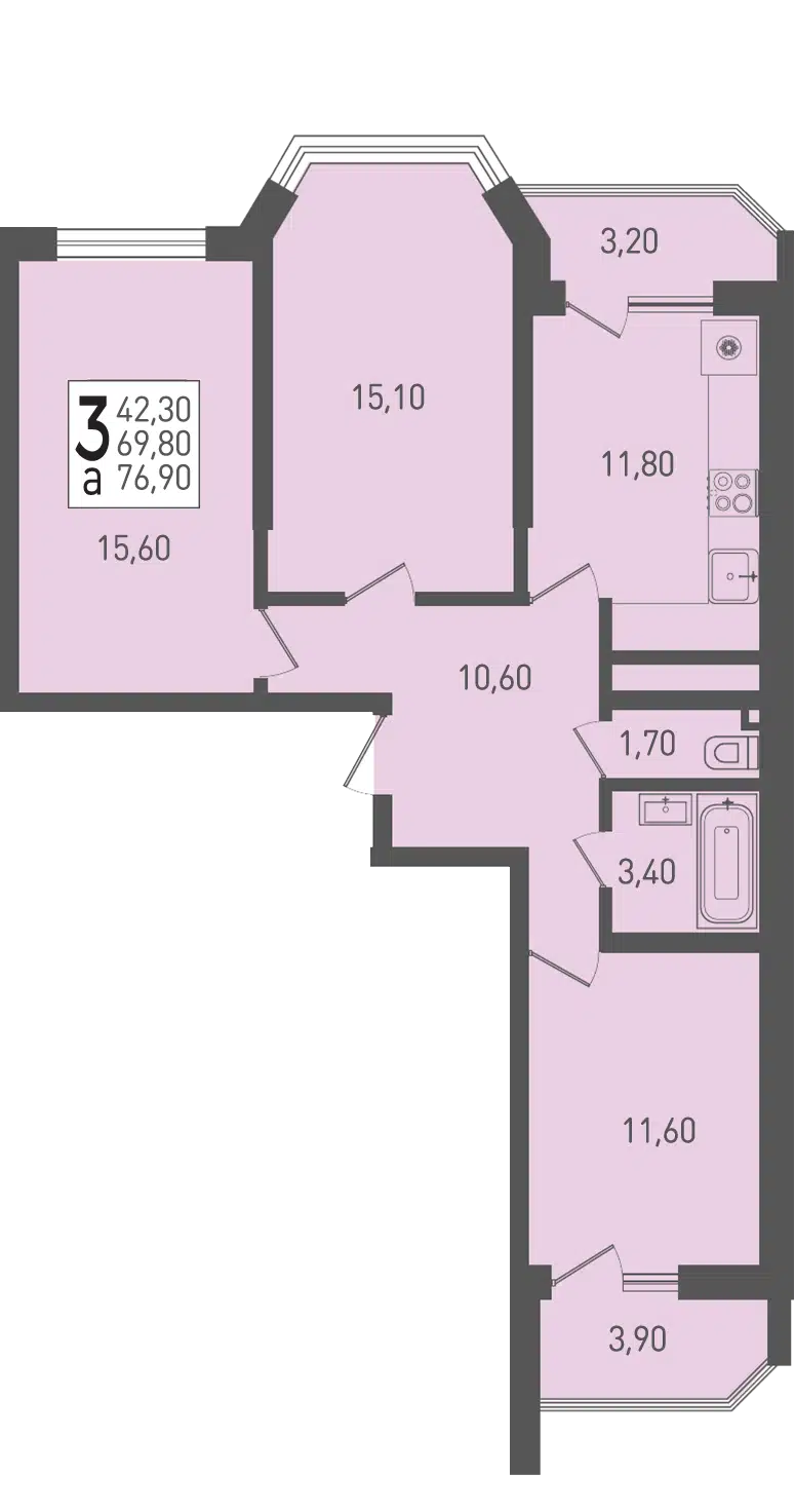 Планировка: 3-комн. квартира 76.90 м² в новостройке Огурцы