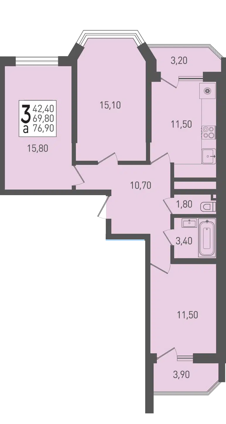 Планировка: 3-комн. квартира 76.90 м² в новостройке Огурцы