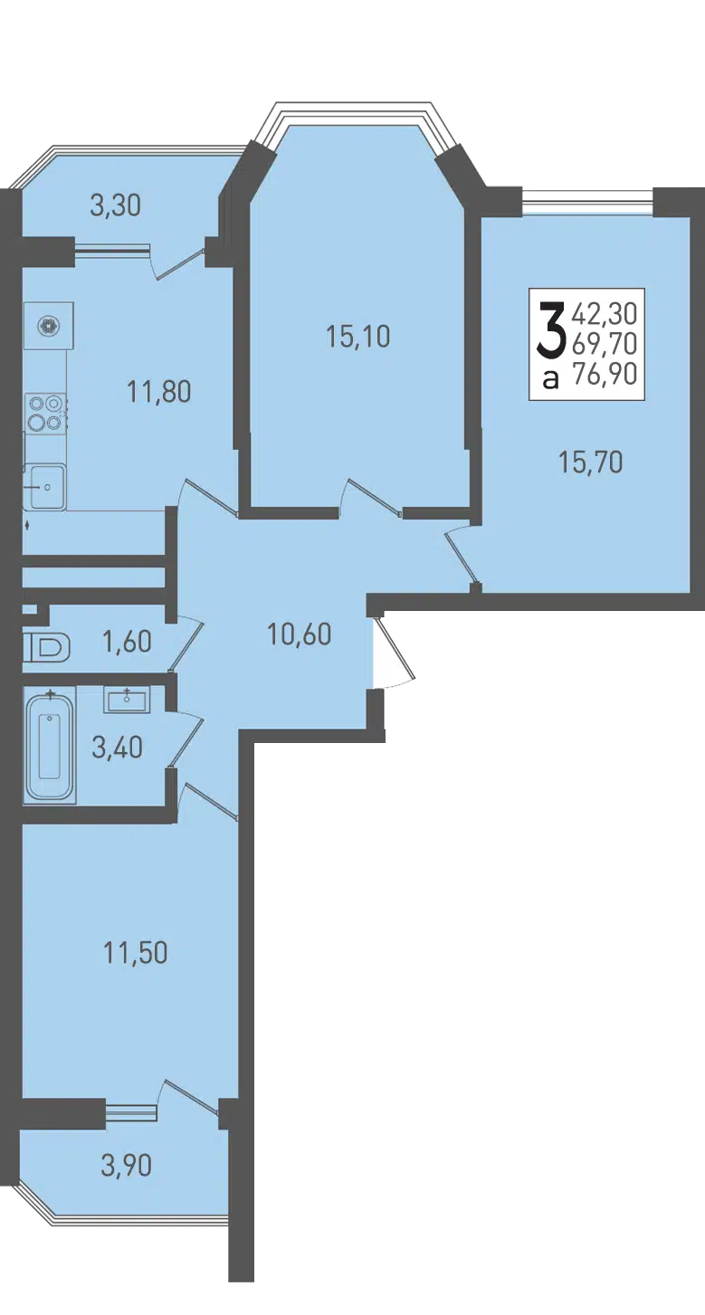 Планировка: 3-комн. квартира 76.90 м² в новостройке Огурцы