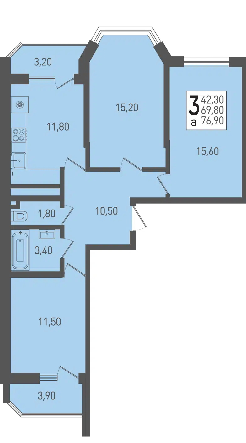 Планировка: 3-комн. квартира 76.90 м² в новостройке Огурцы