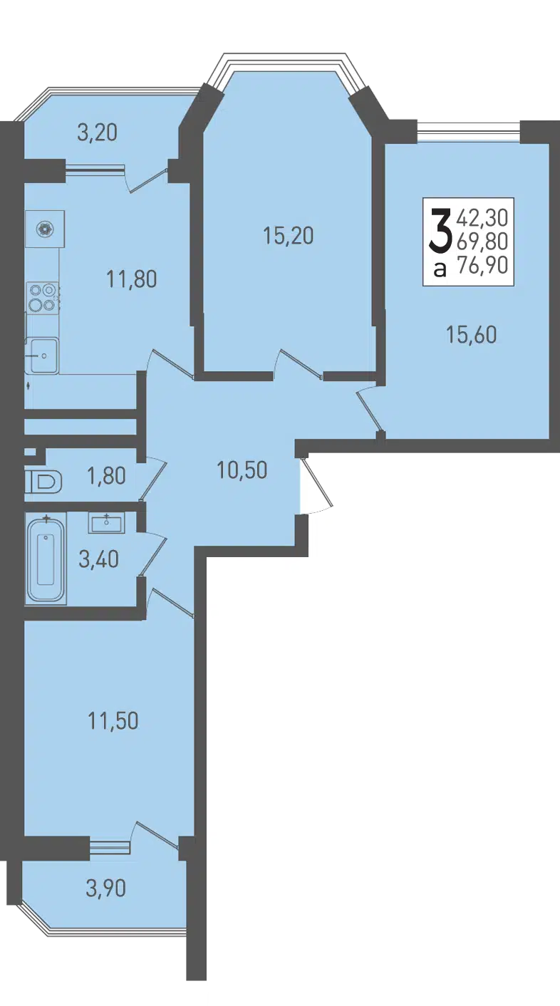 Планировка: 3-комн. квартира 76.90 м² в новостройке Огурцы