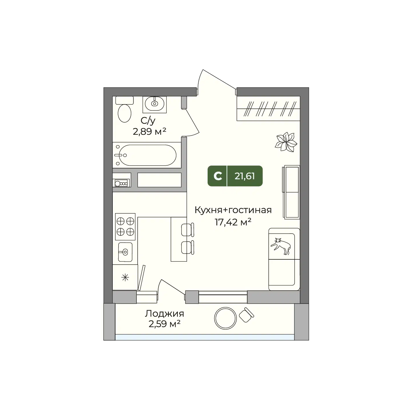Планировка: Студия 21.61 м² в новостройке ЖК Цитрус