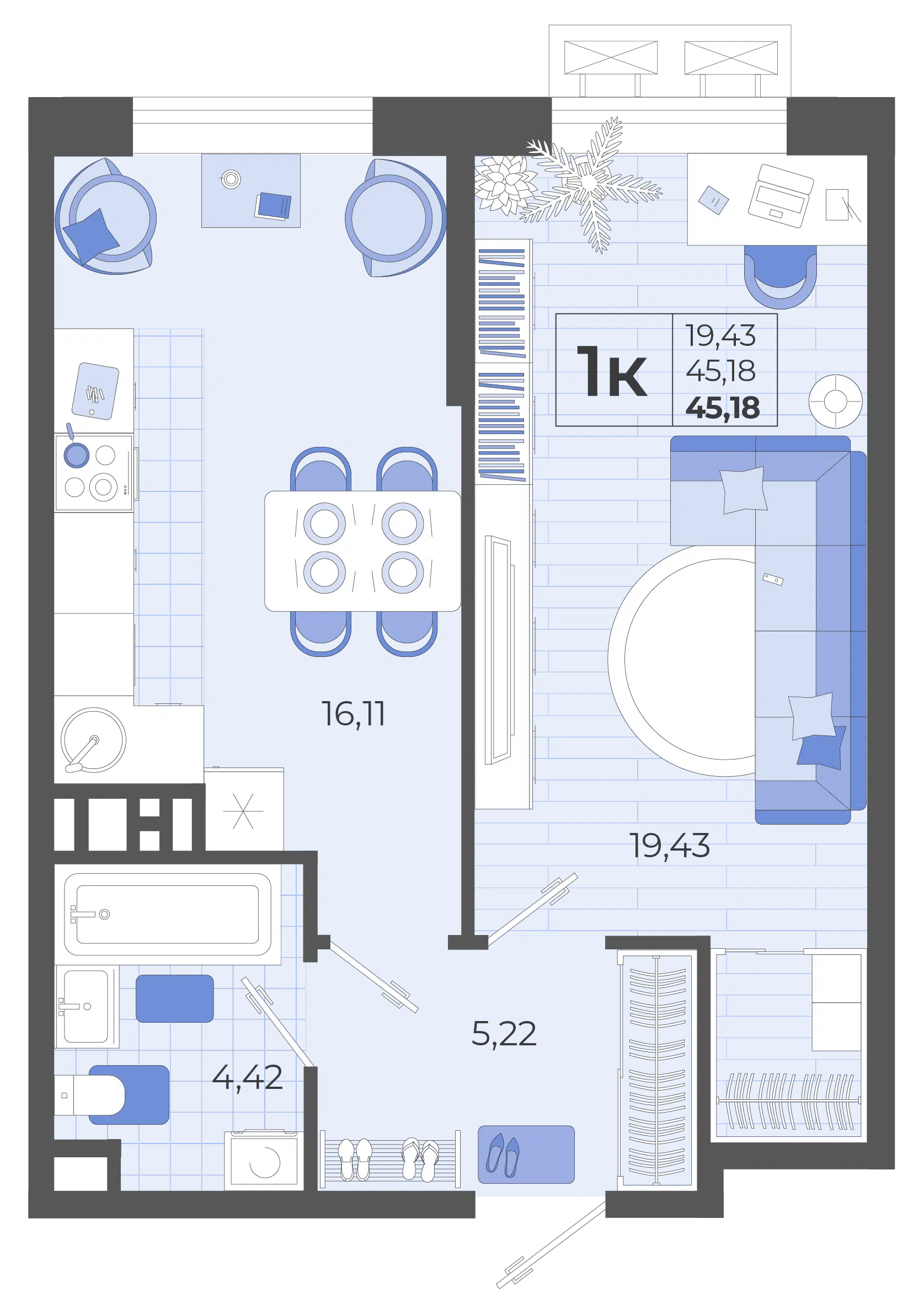 Планировка: 1-комн. квартира 45.20 м² в новостройке Высочество