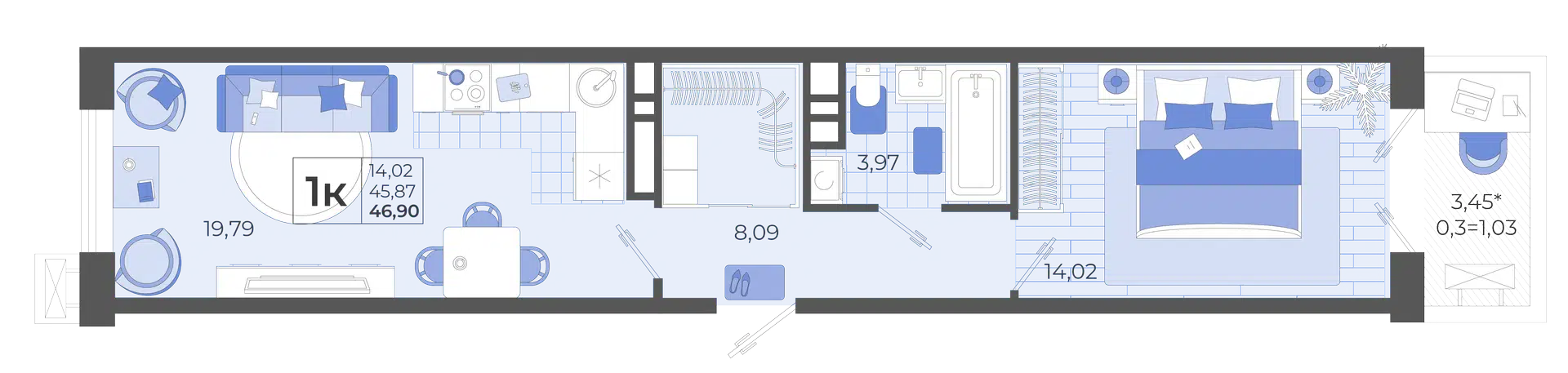 Планировка: 1-комн. квартира 46.55 м² в новостройке Высочество