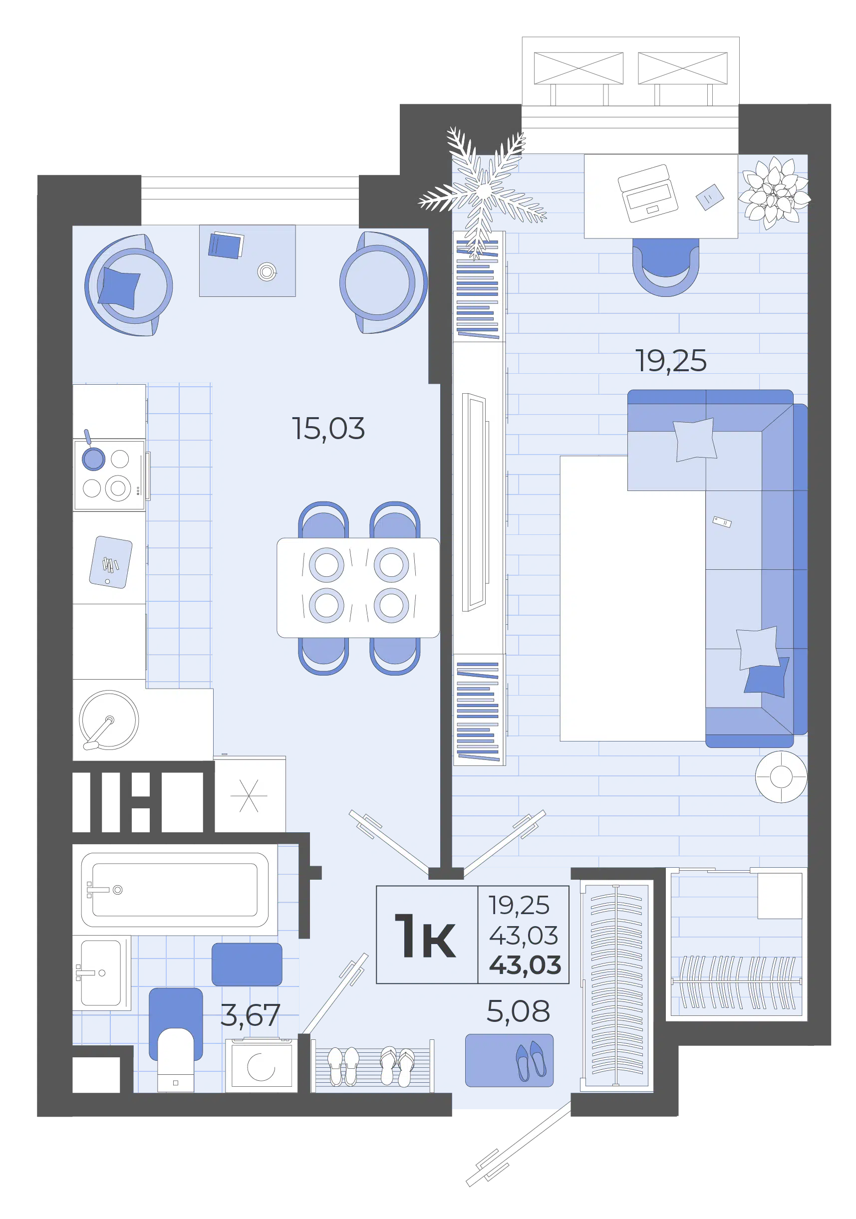 Планировка: 1-комн. квартира 43.00 м² в новостройке Высочество