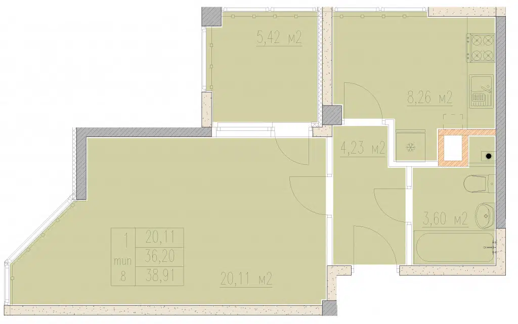 Планировка: 1-комн. квартира 38.91 м² в новостройке Агой-парк