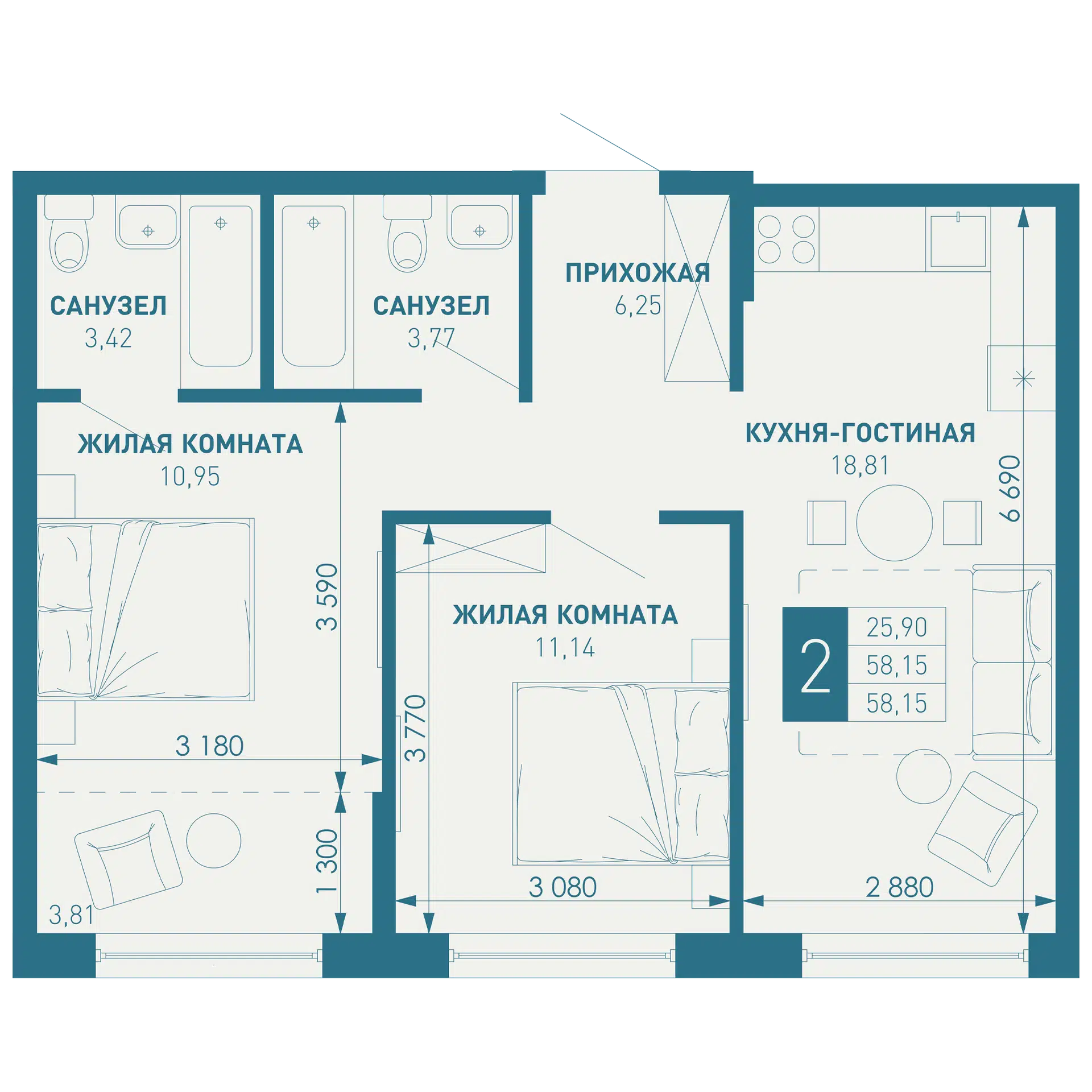 Планировка: 2-комн. квартира 58.15 м² в новостройке ЖК Иначе в Молодежном