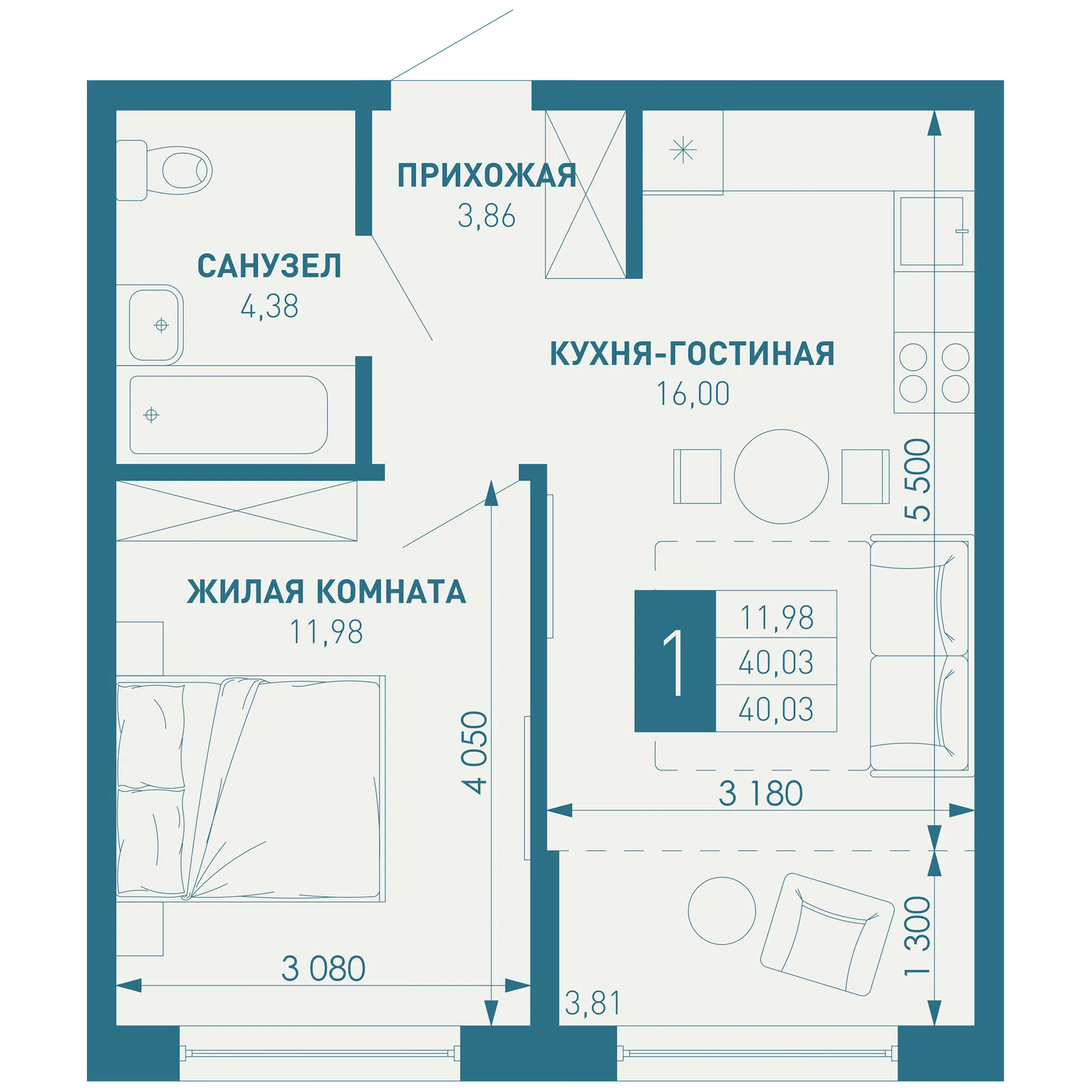 Планировка: 1-комн. квартира 40.03 м² в новостройке ЖК Иначе в Молодежном
