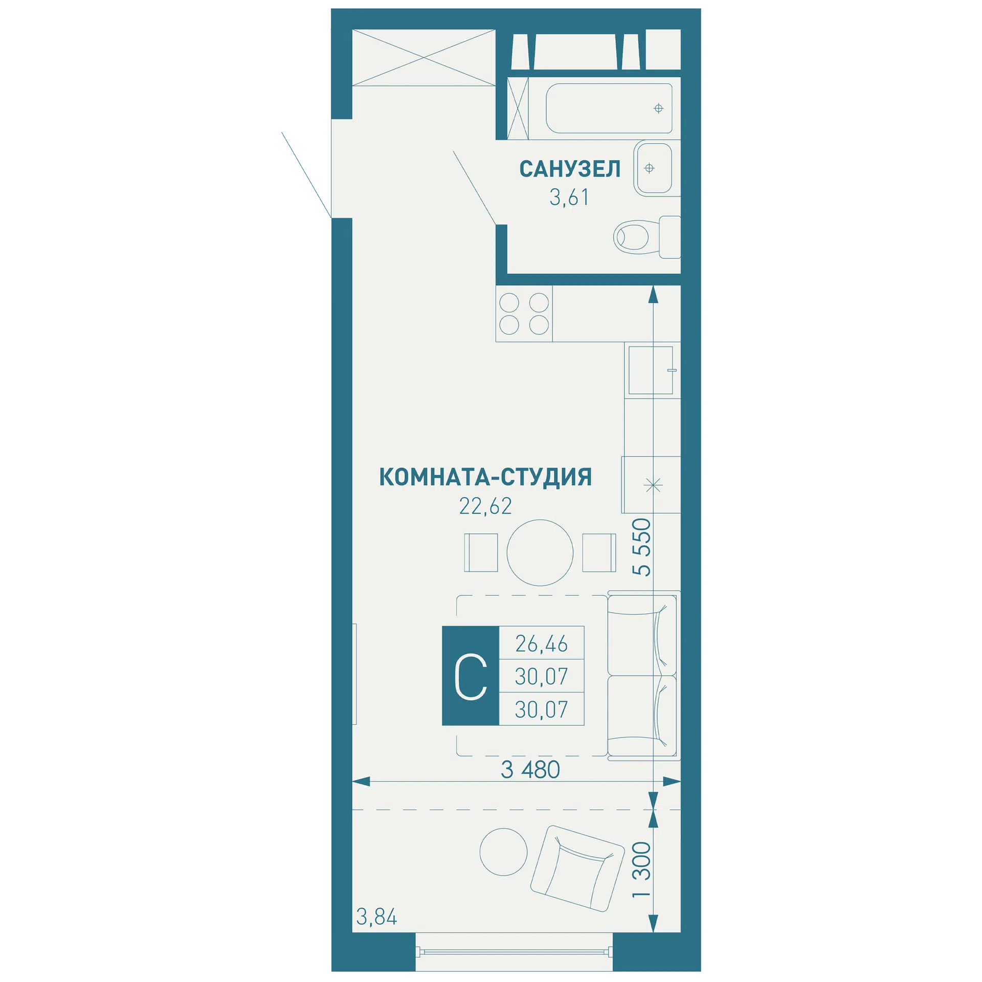 Планировка: Студия 30.07 м² в новостройке ЖК Иначе в Молодежном