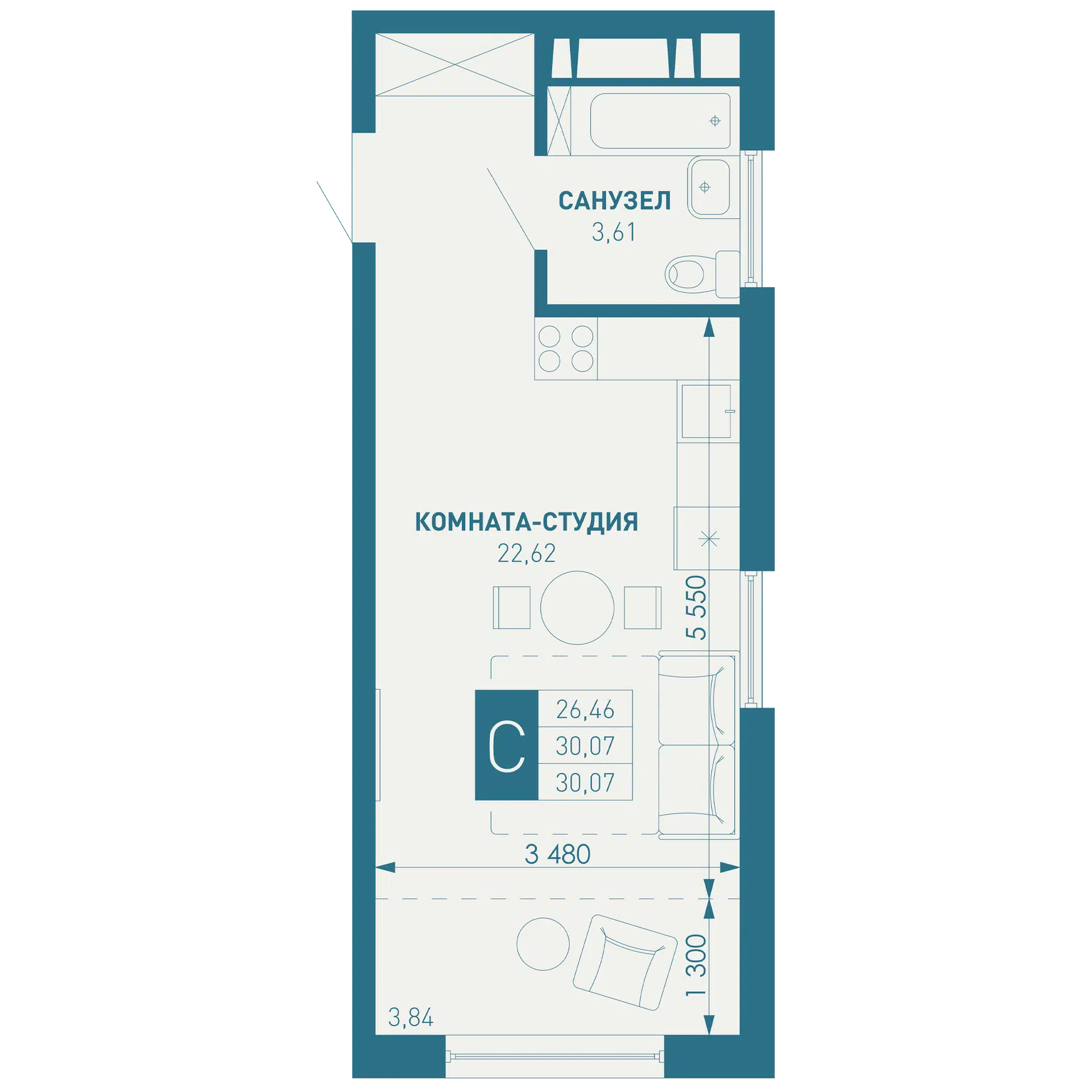 Планировка: Студия 30.07 м² в новостройке ЖК Иначе в Молодежном