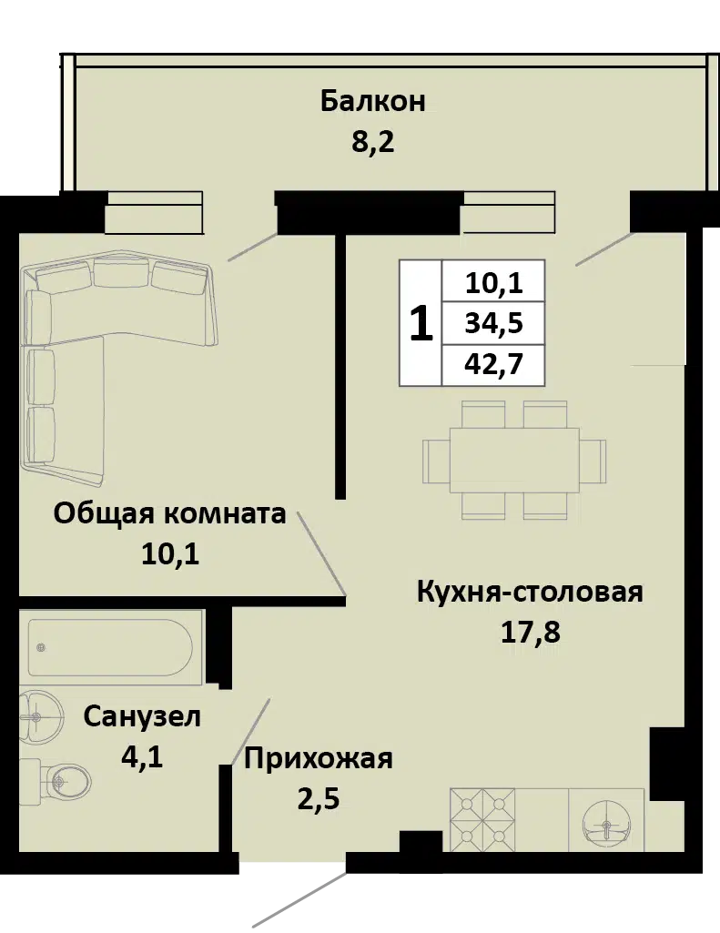 Планировка: 1-комн. квартира 40.67 м² в новостройке Южные Соседи