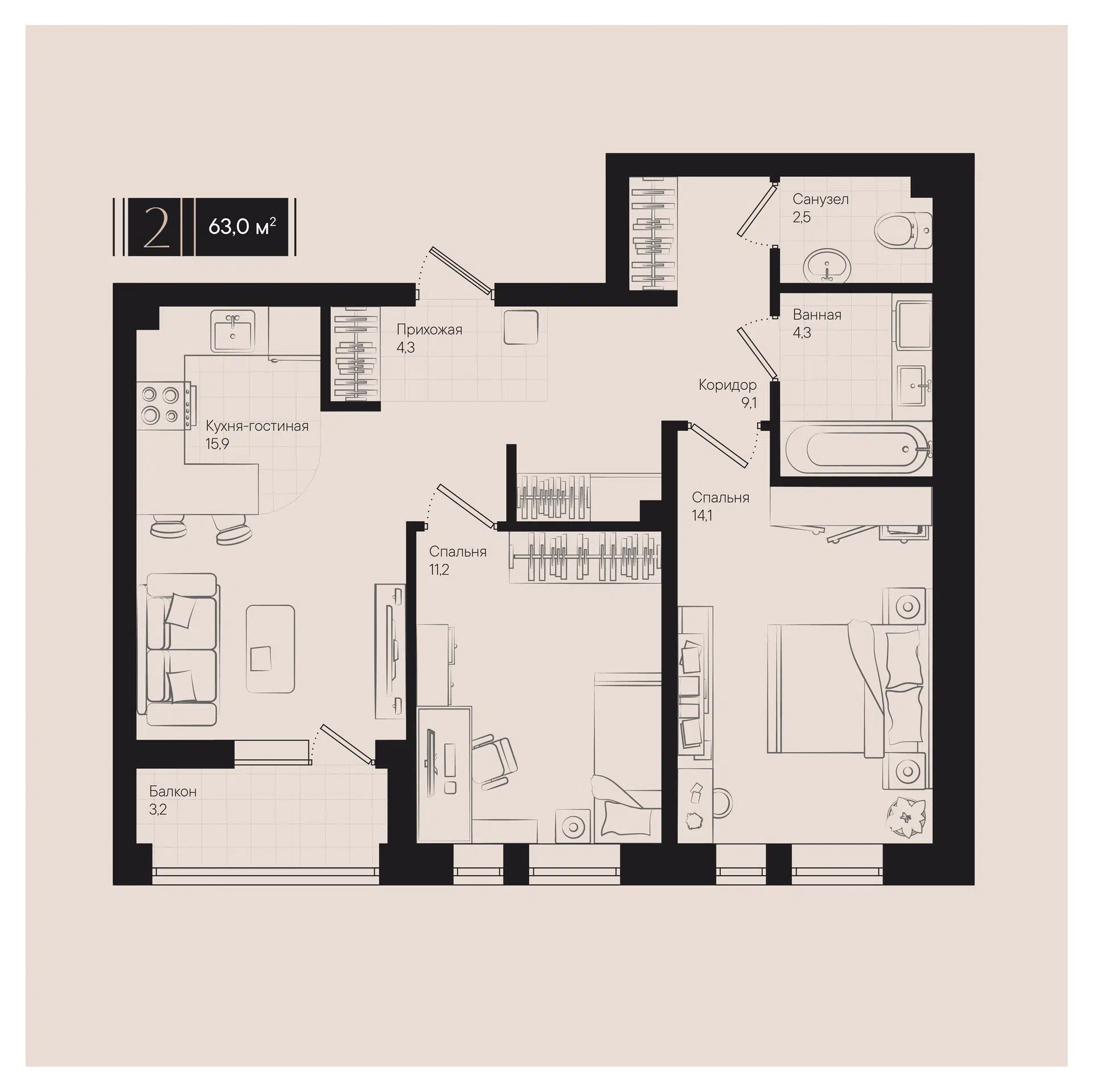 Планировка: 2-комн. квартира 63.00 м² в новостройке Культурный квартал Эрмитаж