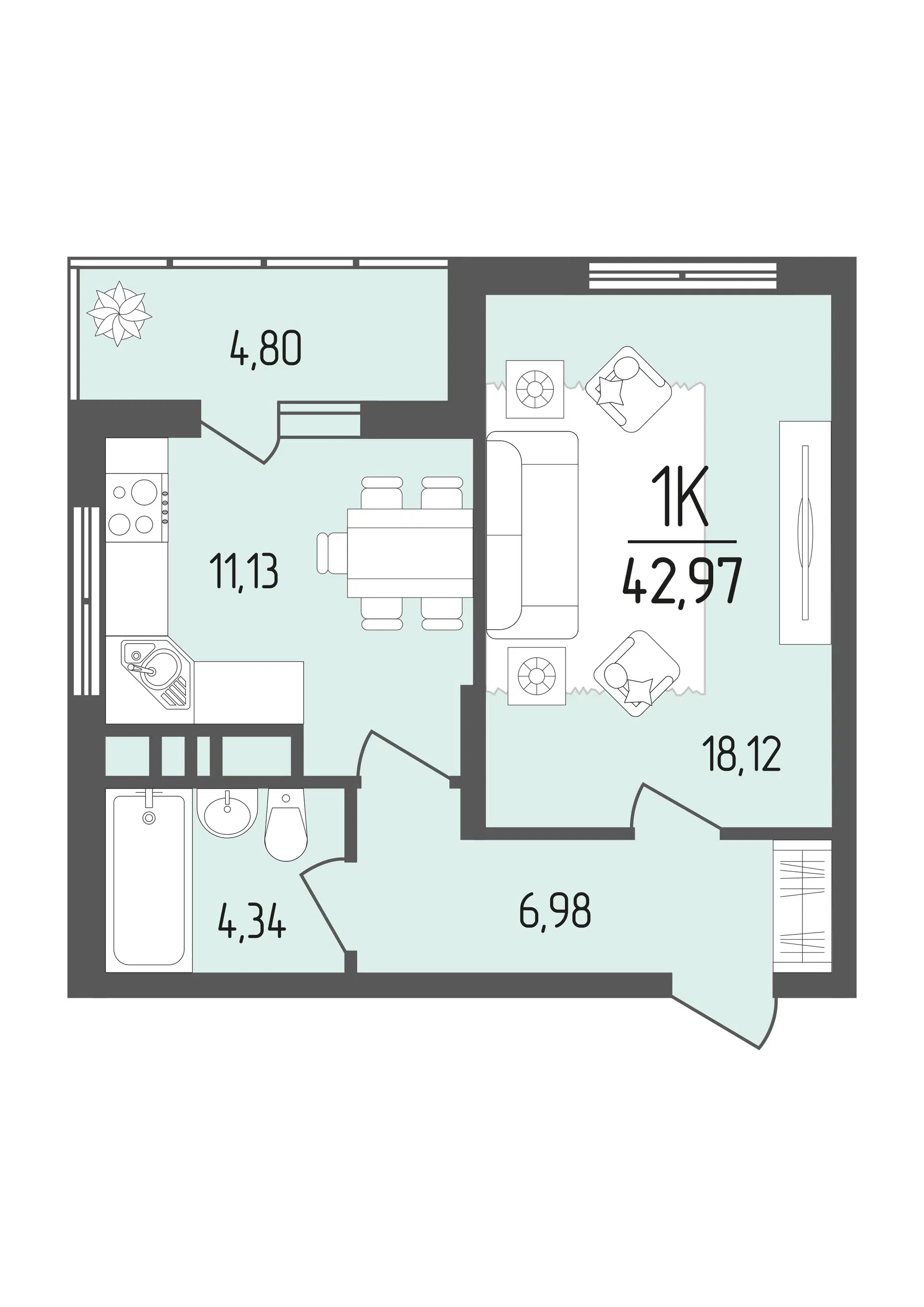 Планировка: 1-комн. квартира 42.97 м² в новостройке Кумир