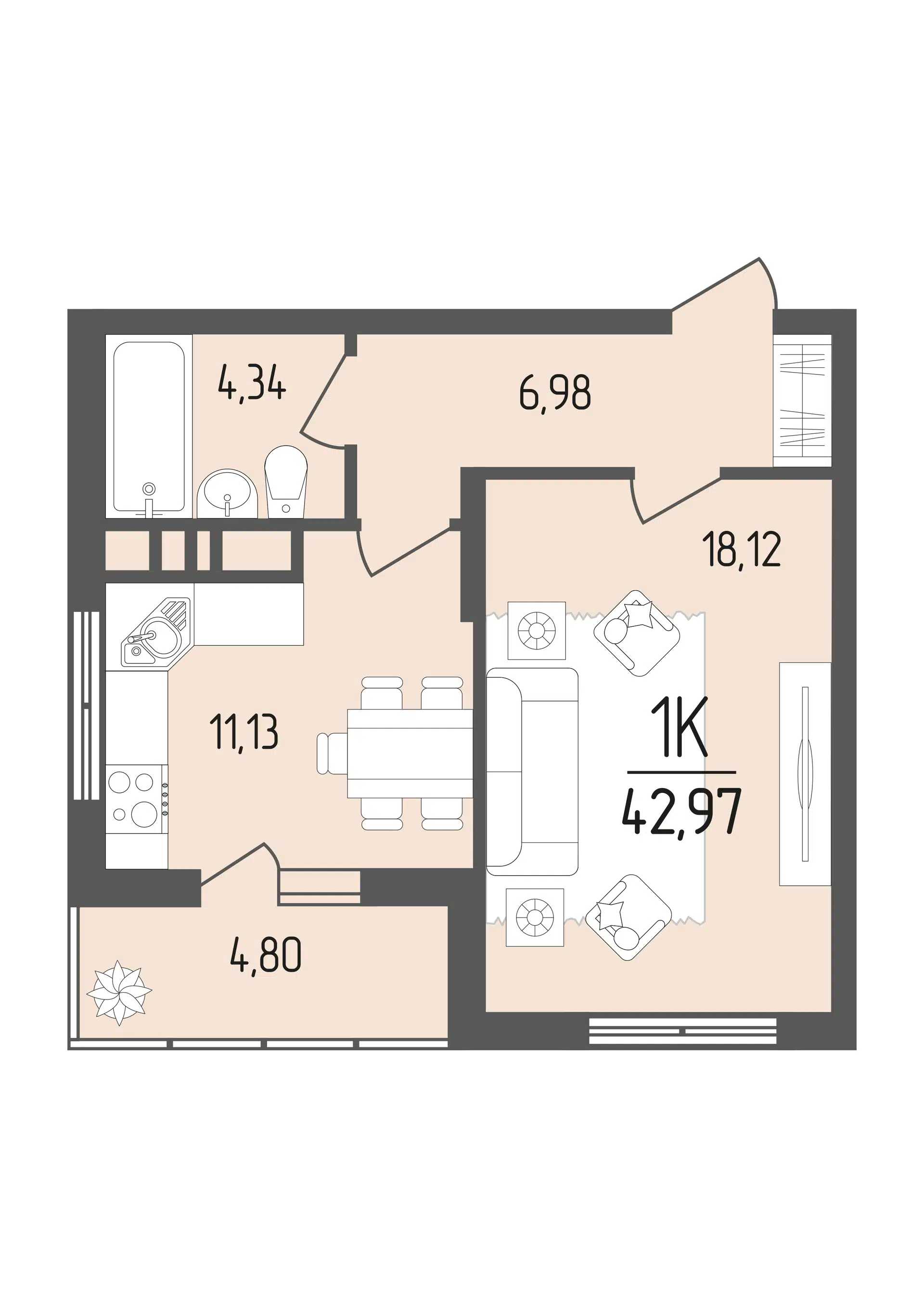 Планировка: 1-комн. квартира 42.97 м² в новостройке Кумир